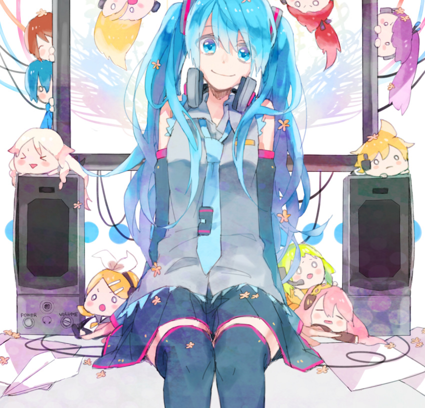 3boys 6+girls aqua_eyes bad_id bad_pixiv_id bare_shoulders blue_hair character_name chibi chiri_(ch!) cul gumi hatsune_miku headphones headphones_around_neck highres ia_(vocaloid) kagamine_len kagamine_rin kaito_(vocaloid) kamui_gakupo lily_(vocaloid) long_hair looking_at_viewer megurine_luka meiko_(vocaloid) multiple_boys multiple_girls sitting skirt smile thighhighs twintails very_long_hair vocaloid