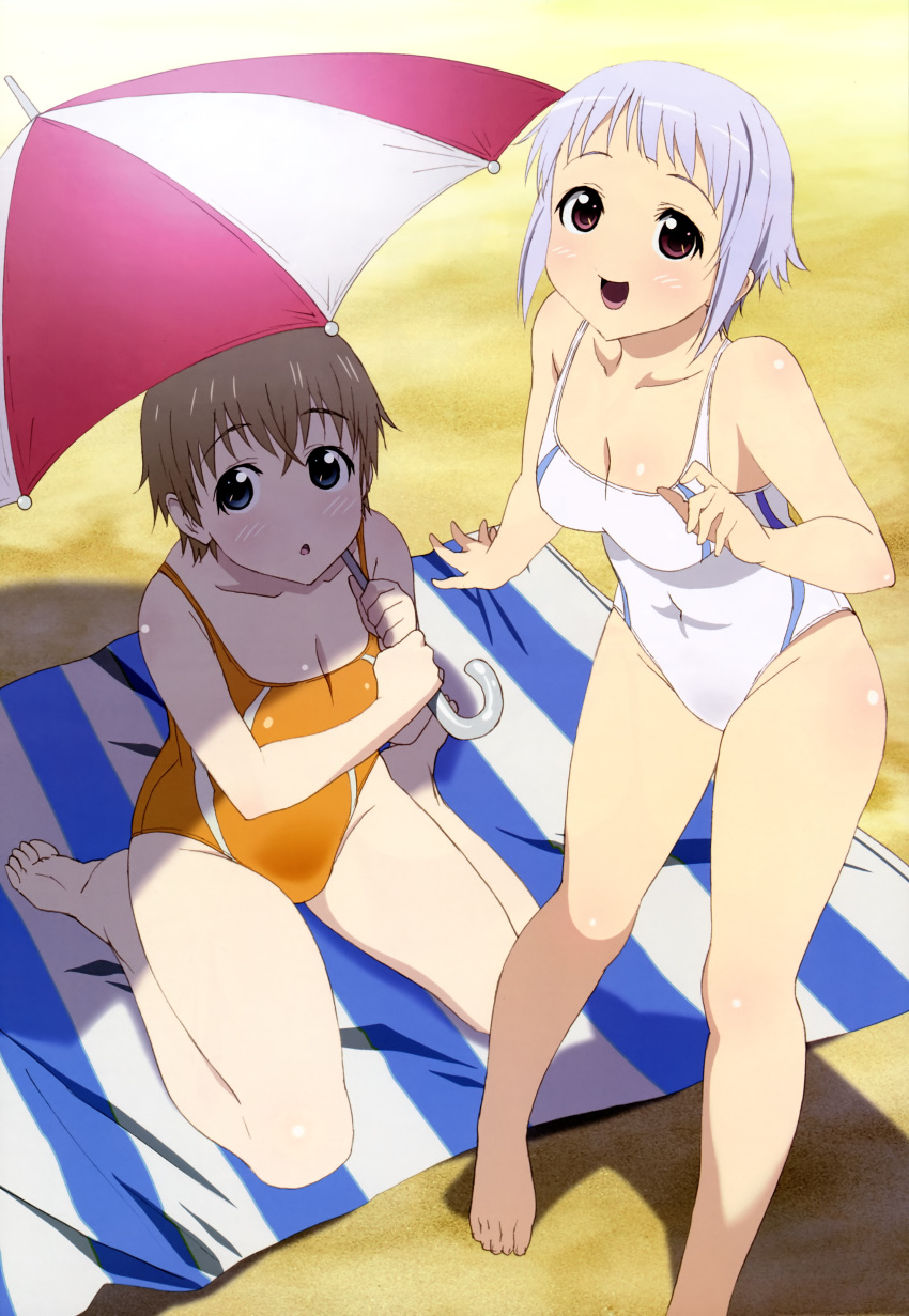 2girls :o absurdres barefoot blue_eyes blush breasts brown_hair cleavage feet fnc_(upotte!!) highres kneeling l85a1_(upotte!!) legs medium_breasts multiple_girls no_nose nyantype official_art one-piece_swimsuit open_mouth parasol red_eyes scan short_hair silver_hair sitting swimsuit takami_akio umbrella upotte!! wariza