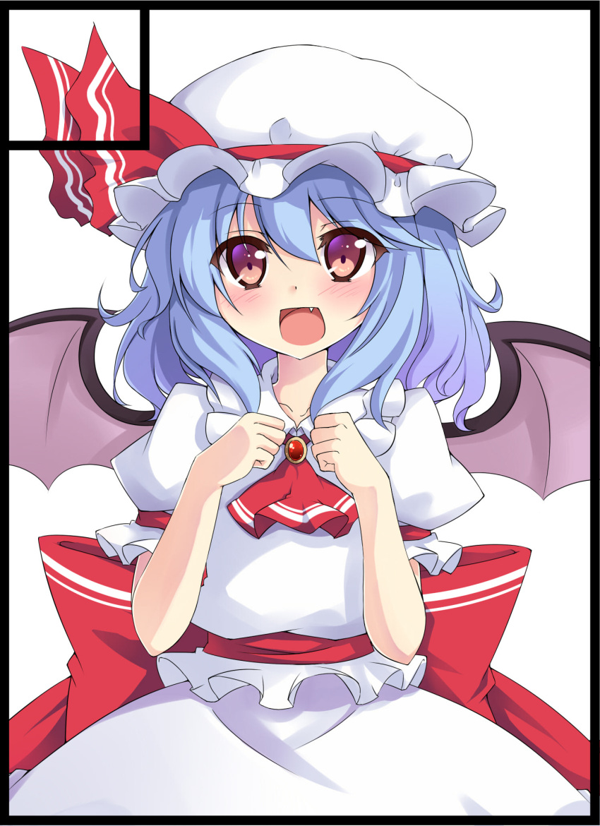 ascot bad_id bad_pixiv_id bat_wings blue_hair circle_cut commentary_request female hat hat_ribbon highres jewelry kazami_chiu oerba_yun_fang open_mouth puffy_sleeves red_eyes remilia_scarlet ribbon short_hair short_sleeves solo touhou white_background wings