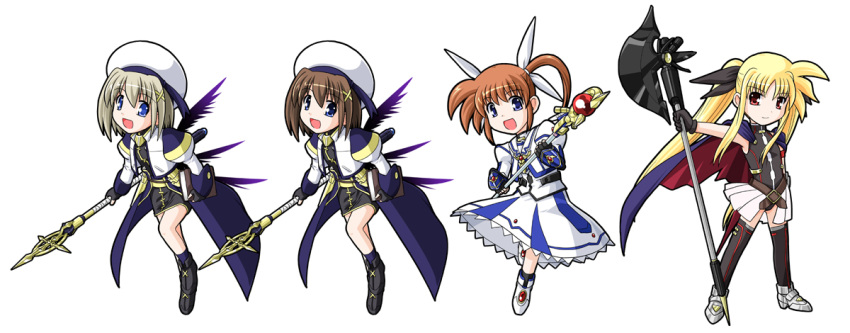 3girls :d armor bardiche_(bullova_form)_(nanoha) bardiche_(nanoha) belt blonde_hair blue_eyes brown_hair buckle cape commentary_request dress dual_persona fate_testarossa fate_testarossa_(lightning_form)_(2nd) fingerless_gloves gloves hair_ribbon hat lyrical_nanoha mahou_shoujo_lyrical_nanoha mahou_shoujo_lyrical_nanoha_a's mahou_shoujo_lyrical_nanoha_the_movie_2nd_a's multiple_girls open_mouth photoshop_(medium) puffy_sleeves raising_heart raising_heart_(accel_mode)_(2nd) red_eyes ribbon schwertkreuz short_twintails showgirl_skirt skirt smile sumeragi_kou takamachi_nanoha takamachi_nanoha_(sacred_mode)_(2nd) thighhighs tome_of_the_night_sky twintails unison_(nanoha) white_background wings yagami_hayate