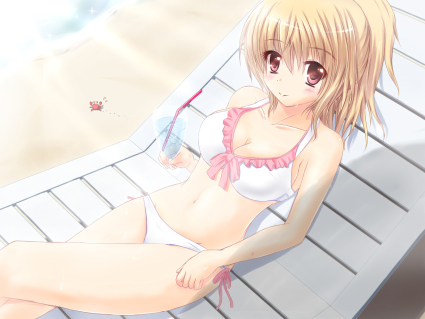 bare_arms bare_shoulders beach bikini blonde_hair blush breasts chair cleavage closed_mouth collarbone commentary_request crab drink dutch_angle female frilled_bikini frills front-tie_bikini_top front-tie_top hair_between_eyes highres kilias large_breasts long_hair looking_at_viewer lounge_chair lying navel on_back original outdoors ponytail red_eyes shiny_skin side-tie_bikini_bottom solo swimsuit white_bikini