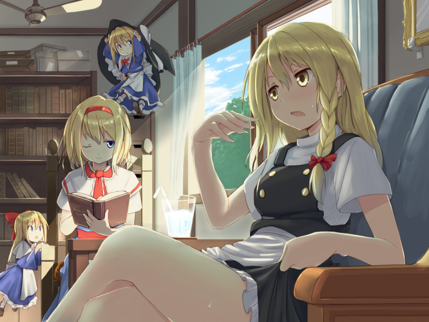 2girls agarwood alice_margatroid bare_legs blonde_hair blush book bookshelf bow braid commentary_request couch crossed_legs hairband hairbow hat hot indoors kirisame_marisa multiple_girls no_headwear one_eye_closed open_book partial_commentary reading shanghai_doll single_braid sitting sunlight sweat touhou window witch_hat yellow_eyes