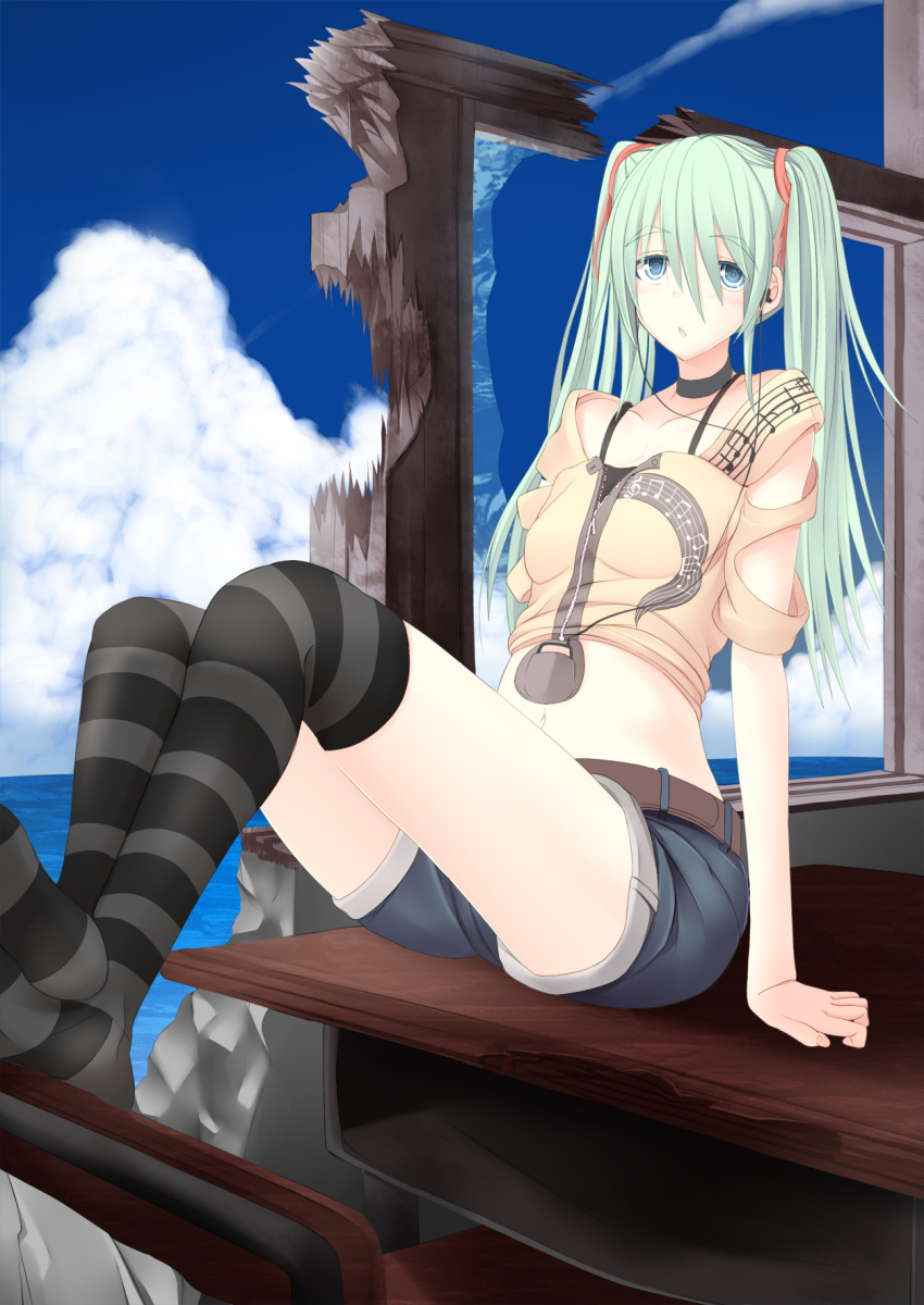 aqua_eyes arm_support belt choker cloud commentary_request day digital_media_player earbuds earphones female green_hair grey_shorts hair_ribbon hatsune_miku highres long_hair midriff musical_note navel open_mouth photoshop_(medium) ribbon shorts sitting sky solo striped_clothes striped_thighhighs sukage thighhighs twintails vocaloid water zipper