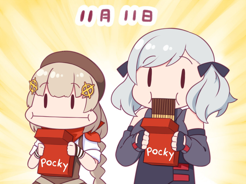 ._. 2girls :i bad_id bad_twitter_id beret brown_hair commentary dated eating english_text fnc_(girls'_frontline) food girls'_frontline glutton grey_hair hair_ornament harada_(sansei_rain) hat highres multiple_girls pocky pocky_day spas-12_(girls'_frontline) translated