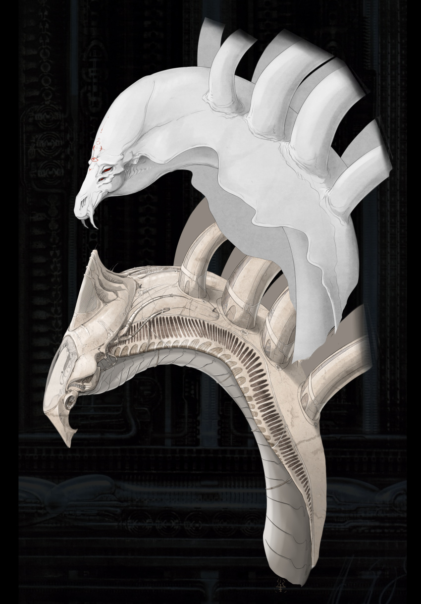 2021 absurd_res alien alien_(franchise) armor biomechanical concept digital_media_(artwork) gigeresque_(genre) h.r._giger headshot_portrait hi_res kredri portrait red_eyes shiberlaah_(raysh) side_view spacesuit white_body xenomorph zero_pictured