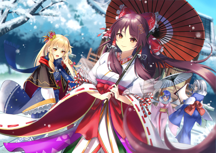 4girls :o absurdres ahoge alternate_costume arm_up bat_wings blonde_hair blue_hair blue_kimono blue_scarf blush bow braid brown_eyes brown_hair closed_mouth commentary english_commentary flower frilled_bow frilled_hair_tubes frills fur_trim grey_hair hair_flower hair_ornament hair_ribbon hair_tubes hairbow hakurei_reimu hakurei_reimu_(good_luck_shrine_maiden) hakurei_shrine happy_new_year highres holding holding_umbrella izayoi_sakuya izayoi_sakuya_(household_safety_maid) japanese_clothes kimono kirisame_marisa kirisame_marisa_(get-rich-quick_magician) light_blue_hair long_hair long_sleeves looking_at_viewer multiple_girls naisewow new_year nontraditional_miko obi oil-paper_umbrella open_mouth outdoors red_bow red_eyes red_ribbon remilia_scarlet remilia_scarlet_(vampire_praying_for_good_health) ribbon ribbon-trimmed_sleeves ribbon_trim sash scarf short_hair sidelocks single_braid snow snowing standing tongue touhou touhou_lostword tree tress_ribbon umbrella wide_sleeves wings yellow_eyes