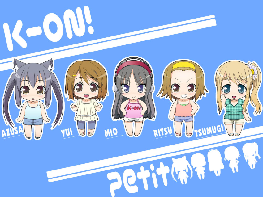 5girls akg akg_k-series_headphones akiyama_mio animal_ears casual cat_ears chibi commentary_request flower hair_flower hair_ornament hairband hairclip headphones highres hirasawa_yui k-on! kikujin kotobuki_tsumugi multiple_girls nakano_azusa photoshop_(medium) shorts side_ponytail tainaka_ritsu twintails