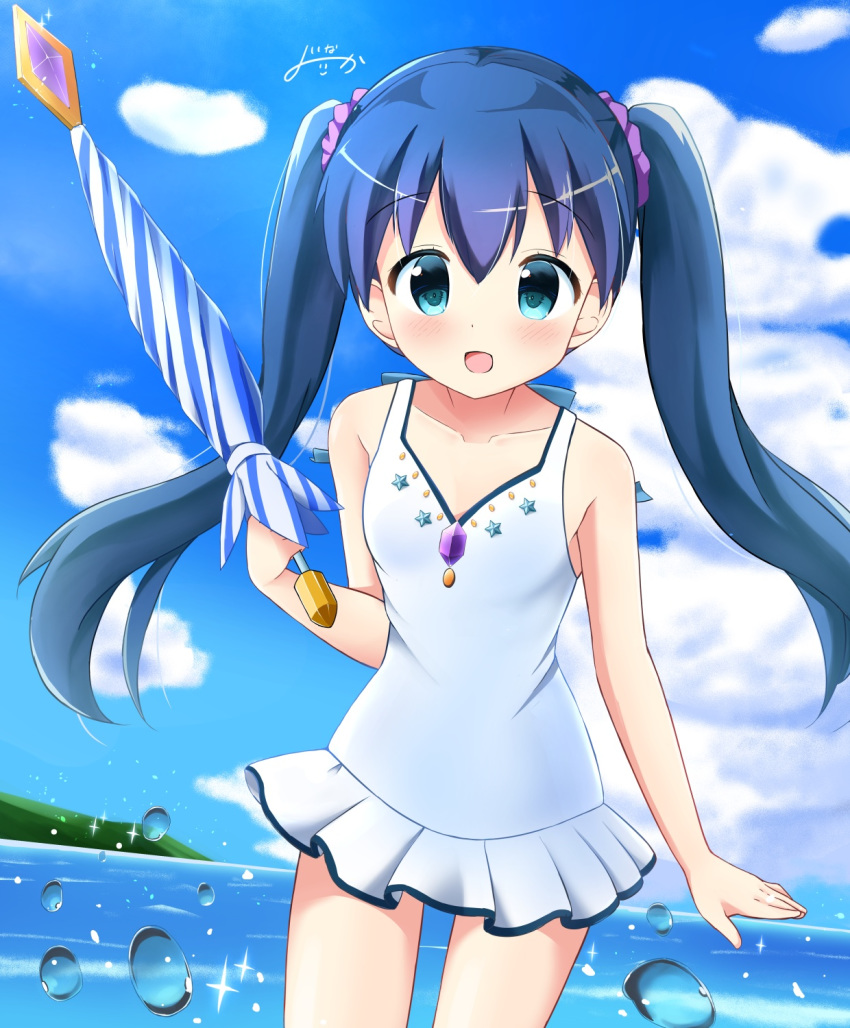 :d blue_hair blue_sky blush breasts bubble cloud commentary_request cowboy_shot day dot_nose female floating_hair green_eyes hair_ornament hair_scrunchie highres holding holding_umbrella inakami kin-iro_mosaic komichi_aya long_hair ocean one-piece_swimsuit open_mouth outdoors purple_scrunchie scrunchie signature sky small_breasts smile solo sparkle standing swimsuit swimsuit_skirt twintails umbrella white_one-piece_swimsuit