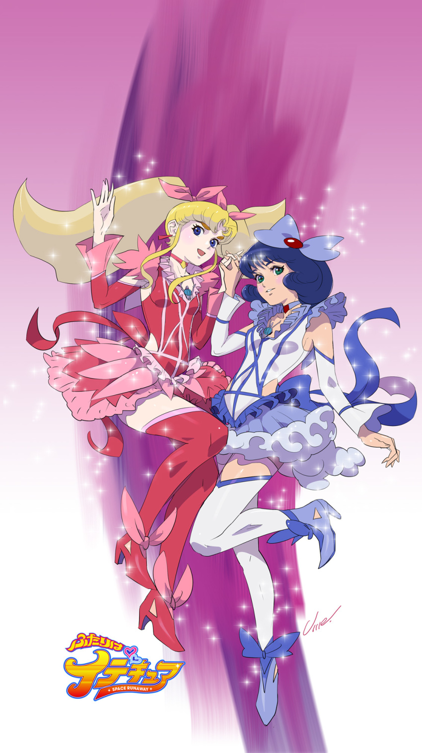 2girls alternate_universe bad_id bad_pixiv_id blonde_hair blue_eyes blue_hair bow commentary_request densetsu_kyojin_ideon green_eyes hairbow highres holding_hands kasha_imhof kitty_kitten logo long_hair magical_girl multiple_girls parody precure short_hair style_parody umeno_ryuuji