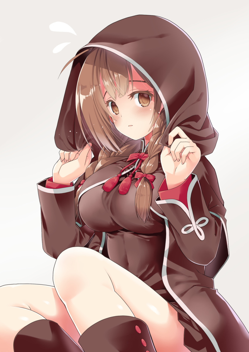 blush boots braid breasts brown_capelet brown_dress brown_eyes brown_hair capelet chi_gura-ya closed_mouth covered_navel dress female gimp_(medium) hair_ribbon highres hood hooded_capelet kantai_collection large_breasts long_hair long_sleeves red_ribbon ribbon shinshuu_maru_(kancolle) sitting solo twin_braids