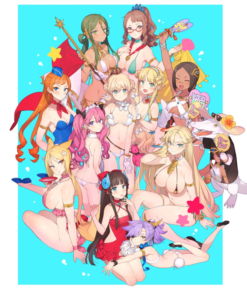 6+girls abe_no_seimei_(eiyuu_senki) animal_ears aristotle_(eiyuu_senki) ashoka_(eiyuu_senki) ass bikini bow breasts choker crocodile crocodilian dark-skinned_female dark_skin date_masamune_(eiyuu_senki) eiyuu_senki eiyuu_senki_ww eyepatch flat_chest fox_ears fox_tail gilgamesh_(eiyuu_senki) glasses hair_bun hairbow hand_fan highres himiko_(eiyuu_senki) hunefer_(eiyuu_senki) jeanne_d'arc_(eiyuu_senki) king_arthur_(eiyuu_senki) large_breasts maid_headdress medium_breasts micro_bikini multiple_girls napoleon_bonaparte_(eiyuu_senki) neckerchief paper_fan side-tie_bikini_bottom single_hair_bun sir_ector_(eiyuu_senki) small_breasts swimsuit tail tutankhamun_(eiyuu_senki) twintails uchiwa ygcn