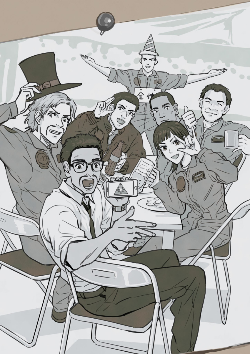 6+boys \m/ ace_combat ace_combat_7 artist_request black_hair bottle cellphone chair closed_eyes count_(ace_combat_7) dark_skin david_north drink everyone female glass glasses hat highres holding huxian jaeger_(ace_combat) lanza_(ace_combat) long_hair looking_at_viewer monochrome multiple_boys necktie open_mouth patch phone pilot plate ponytail sitting skald_(ace_combat) smartphone smile symbol table thumbs_up top_hat waving