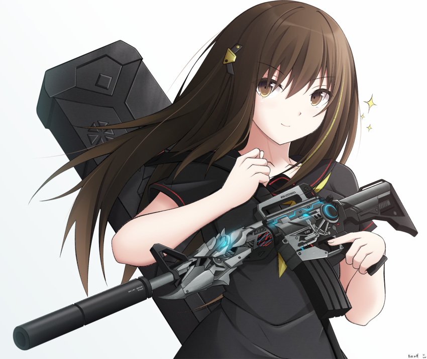 assault_rifle black_sailor_collar black_shirt brown_eyes brown_hair closed_mouth collarbone commentary crossfire female girls'_frontline glowing gradient_background grey_background gun hair_between_eyes hair_ornament hand_up highres holding holding_gun holding_weapon keenh long_hair m4_carbine m4a1_(girls'_frontline) m4a1_(mod3)_(girls'_frontline) name_connection neckerchief object_namesake particle_cannon_case rifle sailor_collar shirt short_sleeves signature smile solo sparkle upper_body weapon white_background yellow_neckerchief