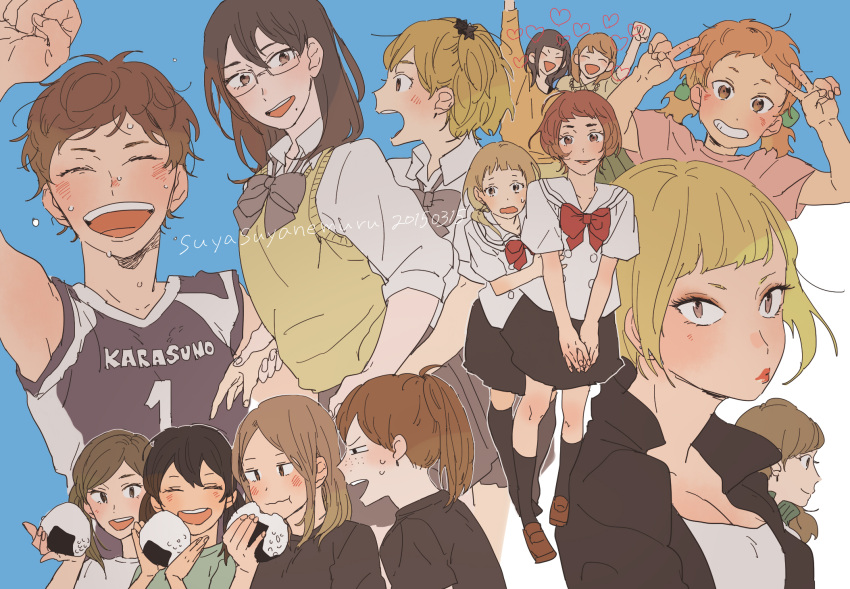 2015 6+girls arms_up black_hair black_jacket black_legwear black_shirt blonde_hair blush bow bowtie breasts brown_hair closed_eyes dated eating facing_viewer food freckles glasses grin haikyuu!! hair_ornament heart highres hinata_natsu hirama_asuka holding holding_food jacket kuribayashi_runa long_hair looking_at_viewer low_twintails michimiya_yui mikkabouzu_(kisarisa) misaki_hana miyanoshita_eri mole mole_under_mouth multiple_girls nametsu_mai onigiri orange_hair otaki_mako ponytail red_lips school_uniform shimizu_kiyoko shirofuku_yukie shirt shoes short_hair skirt smile sportswear suzumeda_kaori sweatdrop sweater_vest tanaka_saeko_(haikyuu!!) teeth twintails ujiie_manaka v volleyball_uniform yachi_hitoka