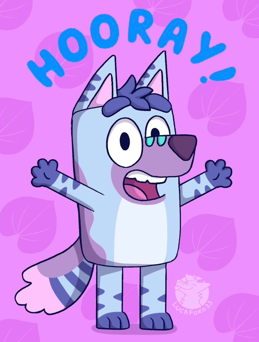 andromorph_(lore) anthro blue_body blue_fur blue_hair bluey_(series) canid canine dialogue english_text fox fur hair hi_res luckfoxo33 male mammal multicolored_body multicolored_fur open_mouth open_smile pink_background purple_body purple_fur simple_background smile text tolng trans_(lore) trans_man_(lore) white_body white_fur wide_eyed