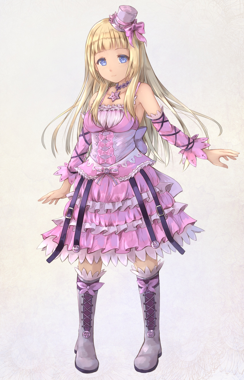 :3 absurdres aura_kingdom blonde_hair blue_eyes blush boots bow closed_mouth commentary commission detached_sleeves dress english_commentary female frilled_dress frills full_body grey_background grey_footwear grey_hat hat hat_bow highres hikari_niji layered_dress long_hair long_sleeves looking_at_viewer mini_hat mini_top_hat pigeon-toed pink_bow pink_dress pink_sleeves simple_background slit_pupils solo standing tilted_headwear top_hat very_long_hair