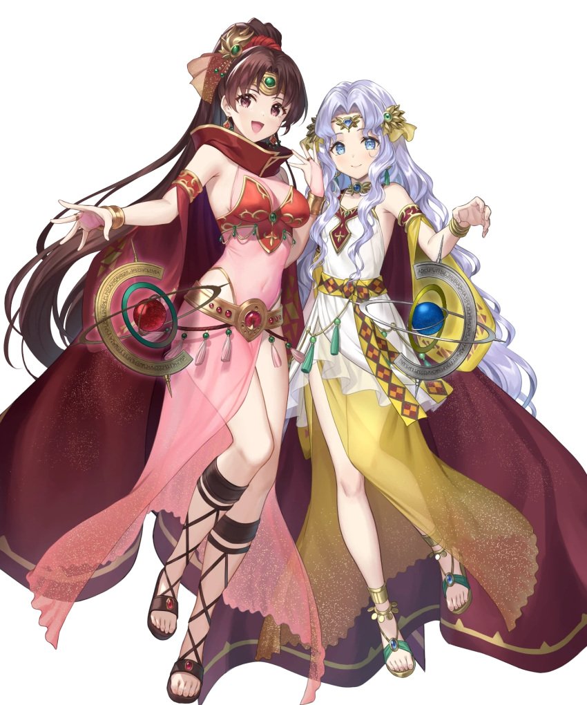 2girls armor belt blue_eyes blue_hair bracelet breastplate breasts cape choker closed_mouth covered_navel dress earrings feet fire_emblem fire_emblem:_mystery_of_the_emblem fire_emblem:_thracia_776 fire_emblem_heroes flat_chest floating floating_object gold_trim hair_ornament highres jewelry kousei_horiguchi legs leotard linde_(fire_emblem) linde_(khadein)_(fire_emblem) looking_at_viewer medium_breasts multiple_girls non-web_source official_art open_mouth pink_leotard ponytail sandals sara_(fire_emblem) sara_(khadein)_(fire_emblem) see-through short_dress sleeveless sleeveless_dress smile tiara toeless_footwear toenails toes transparent_background