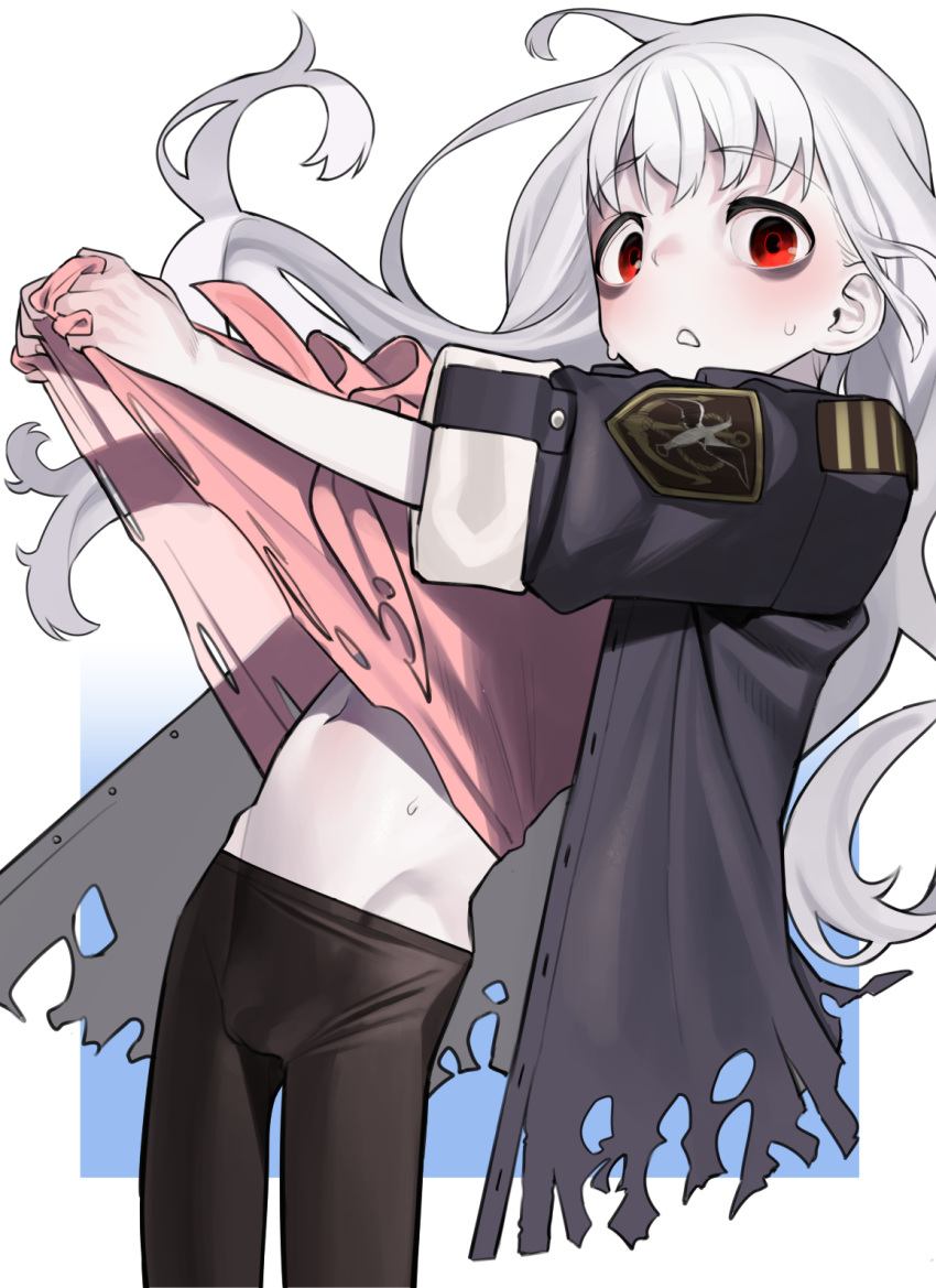 albatross_koukairoku albino bags_under_eyes belly clothes_lift coat emaciated female flat_chest highres hip_bones kuro_(albatross_koukairoku) leggings long_hair messy_hair military military_uniform miyamae_(miyazen9311) naval_uniform pale_skin red_eyes shirt_lift sleeves_rolled_up solo sweat sweatdrop torn torn_clothes uniform white_hair