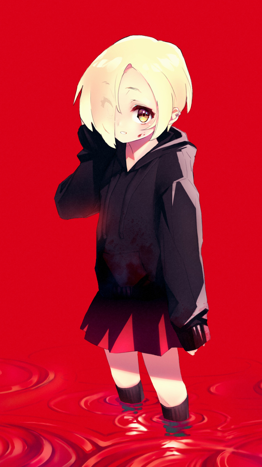 ambiguous_red_liquid bad_id bad_pixiv_id black_hoodie black_socks blonde_hair blood blood_on_face blood_stain brown_eyes commentary ear_piercing english_commentary female hair_over_one_eye highres hood hood_down hoodie idolmaster idolmaster_cinderella_girls kneehighs looking_at_viewer parted_lips piercing red_background red_skirt ripples shirasaka_koume short_hair skirt sleeves_past_fingers sleeves_past_wrists smile socks solo stain standing sumi_(oyasumie) wading