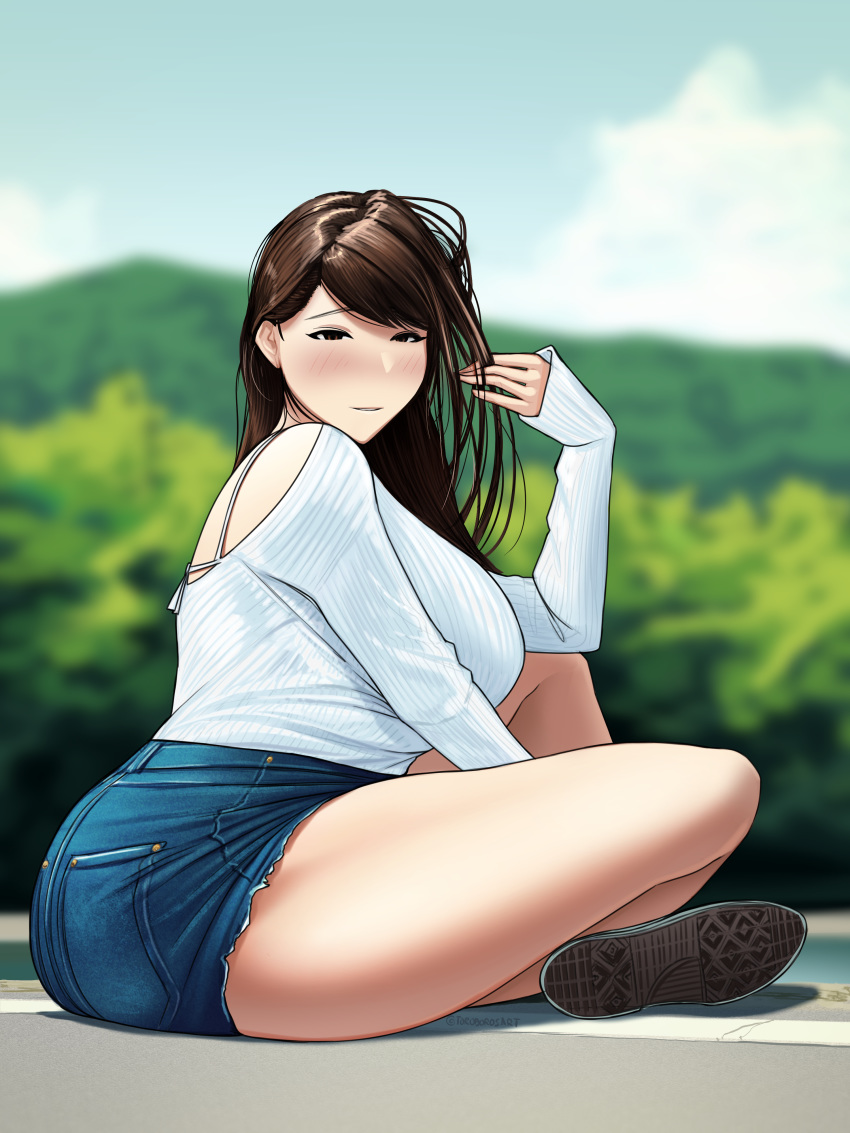 absurdres artist_name backless_outfit bad_id bad_pixiv_id blush bra_strap breasts brown_eyes brown_hair crossed_legs curvy cutoffs day denim denim_shorts female highres large_breasts long_hair looking_at_viewer looking_to_the_side no_nose original outdoors parted_bangs parted_hair parted_lips plump pocket ruffling_hair shirt shirt_tucked_in shorts sitting solo thick_thighs thighs toroboro tree tsurime white_shirt