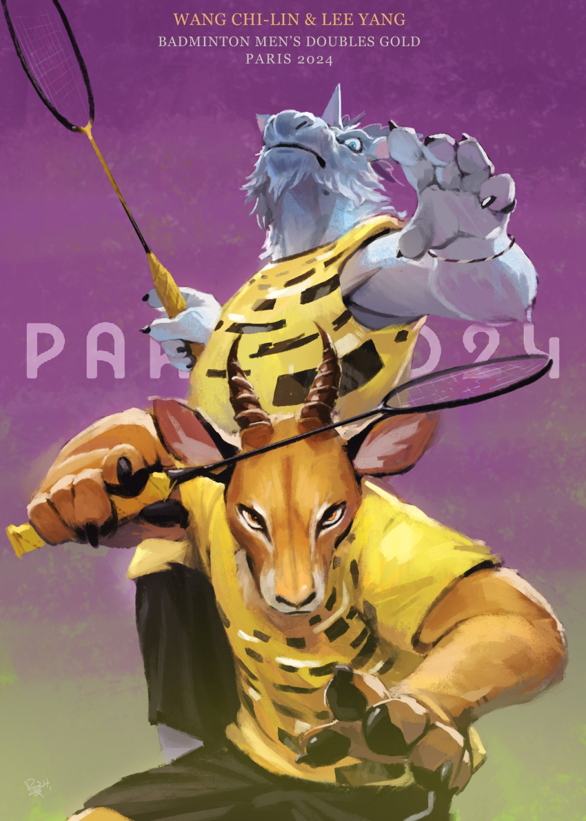 2024_paris_olympics antelope badminton badminton_racket blue_body blue_fur bovid capcom clothed clothing duo elder_dragon fur hi_res horn kirin_(mh) looking_at_viewer male mammal mane monster_hunter orange_body orange_fur pawpads racoonwolf sport