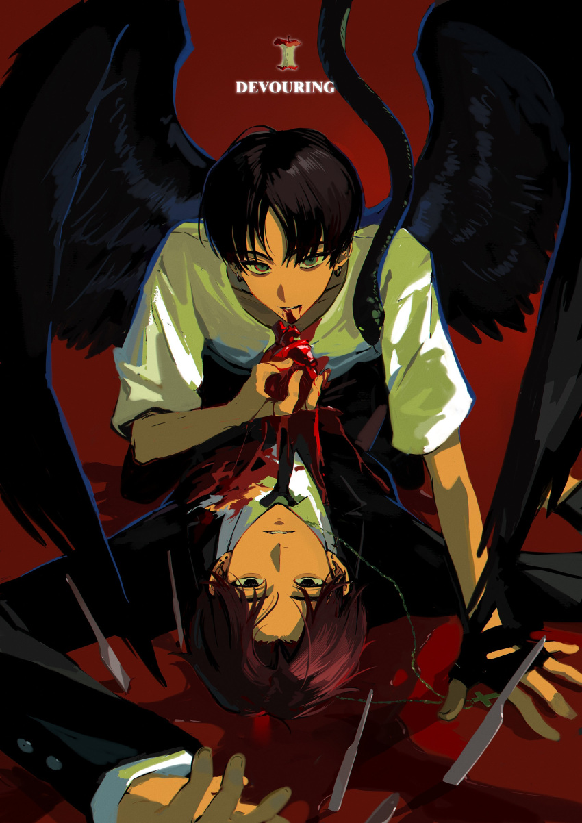 2boys absurdres animal black_eyes black_gloves black_hair black_jacket black_necktie black_snake black_wings blood blood_from_mouth blood_on_clothes blood_on_face brown_hair character_request collarbone copyright_request earrings expressionless feathered_wings fingernails gloves heart highres holding holding_heart_(organ) hoop_earrings jacket jewelry knife large_wings long_sleeves looking_at_viewer lying male_focus meng_ziya multiple_boys necktie on_back parted_bangs parted_lips shirt short_hair short_sleeves snake teeth white_shirt wings