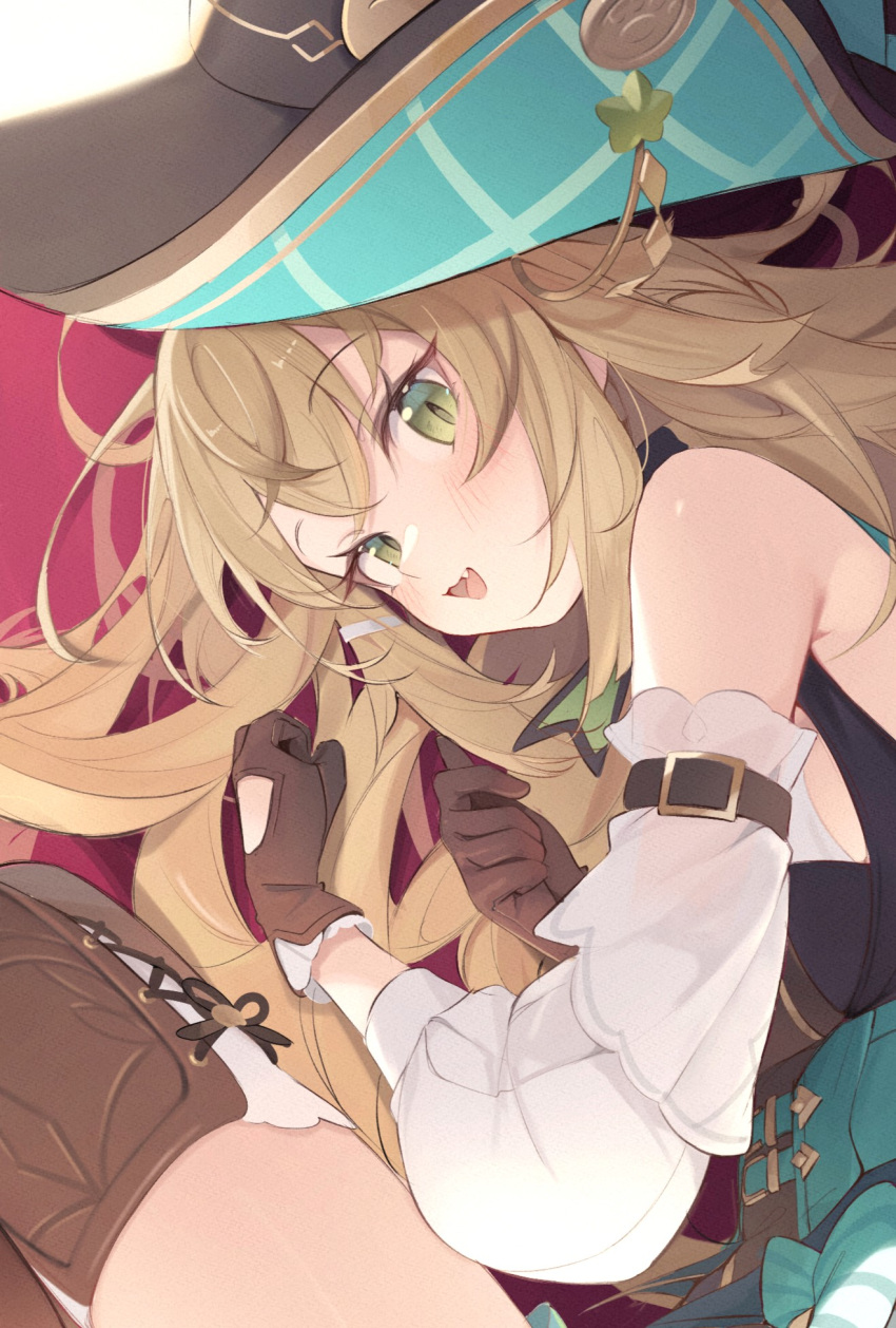 animal_ears black_hat boots brown_footwear brown_gloves cat_ears cat_girl detached_sleeves female genshin_impact gloves green_eyes hat highres kirara_(genshin_impact) kirara_(phantom_in_boots)_(genshin_impact) light_brown_hair long_hair long_sleeves looking_at_viewer lumo_1121 lying oerba_yun_fang official_alternate_costume on_side open_mouth smile solo thigh_boots thigh_strap