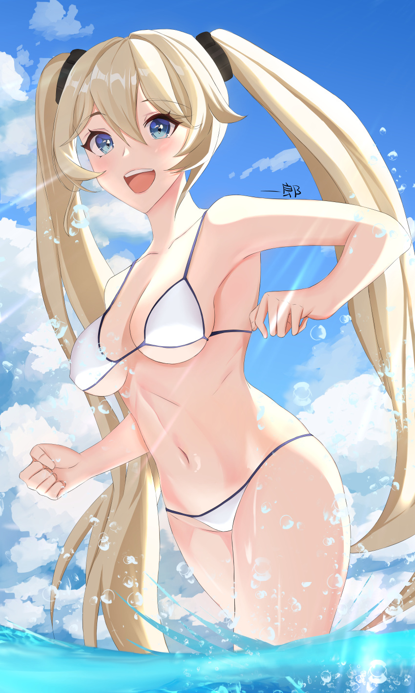 absurdres bikini blonde_hair blue_eyes blue_sky breasts calabiyau cloud cowboy_shot day female highres ichirou_hasegawa long_hair lowleg lowleg_bikini medium_breasts michele_(calabiyau) navel outdoors sky smile solo swimsuit twintails wading water white_bikini