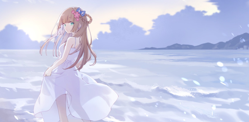 blue_bow bob_cut bow braid cloud cloudy_sky dress female flower from_behind green_eyes hair_flower hair_ornament hairbow highres indie_virtual_youtuber light_brown_hair long_hair looking_at_viewer maigoyaki mochikomame mountainous_horizon ocean outdoors pink_flower sky solo white_dress