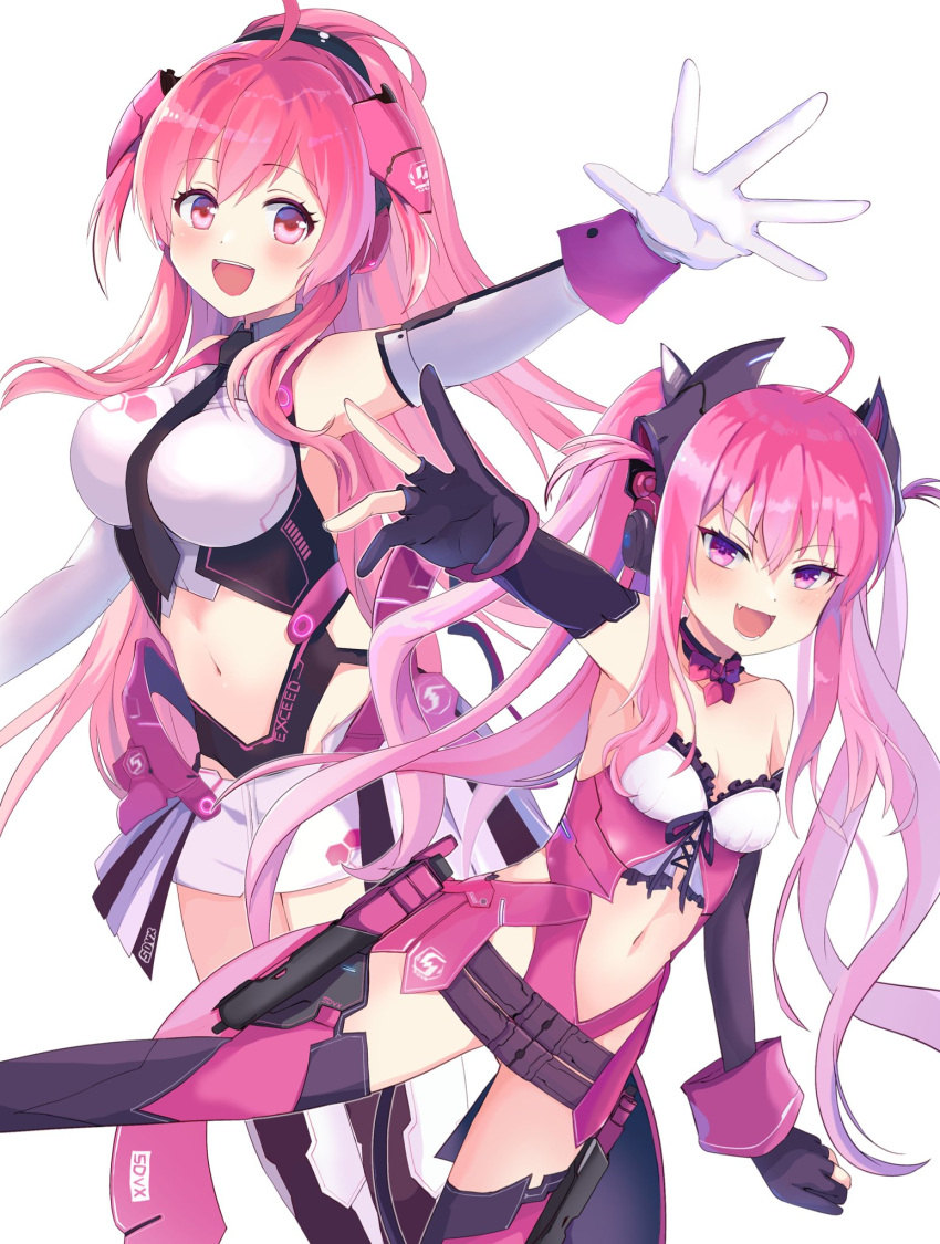 2girls :d ahoge armpits bare_shoulders between_breasts black_gloves black_necktie blush bow bowtie breasts clothing_cutout detached_collar detached_sleeves dodotsuki elbow_gloves frills gloves grace_(sound_voltex) hair_between_eyes hair_ornament headgear headphones high_ponytail highres holster large_breasts leotard long_hair midriff multiple_girls navel navel_cutout necktie necktie_between_breasts oerba_yun_fang open_hand open_mouth partially_fingerless_gloves pink_bow pink_eyes pink_hair ponytail purple_eyes rasis simple_background small_breasts smile sound_voltex stomach_cutout strapless thighhighs thighs two_side_up very_long_hair white_background white_gloves