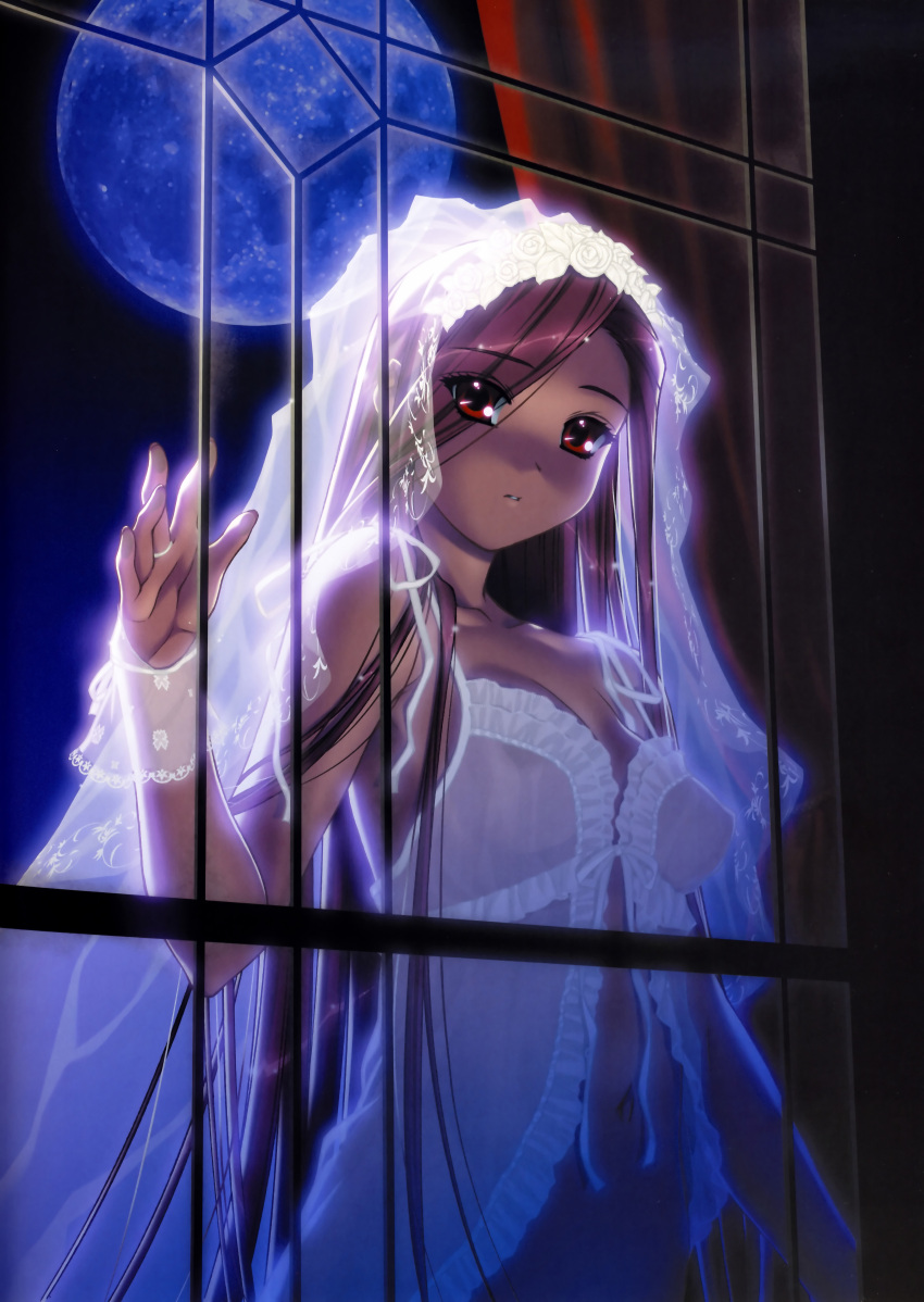 absurdres blue_moon brown_hair dark female highres ino_(magloid) izayoi_no_hanayome kiryuu_iyori moon navel night nightgown non-web_source parted_lips photoshop_(medium) red_eyes scan solo veil window