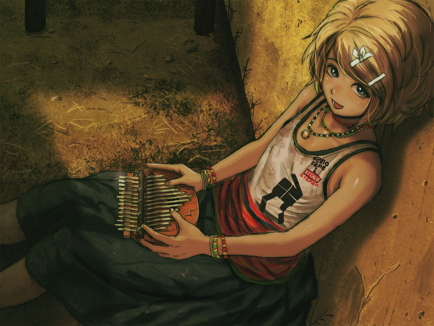 :d against_wall blonde_hair blue_eyes bracelet casual duplicate female hair_ornament hairclip horuda instrument jewelry kagamine_rin kalimba looking_at_viewer music necklace open_mouth photoshop_(medium) playing_instrument short_hair sitting skirt smile solo tank_top vocaloid