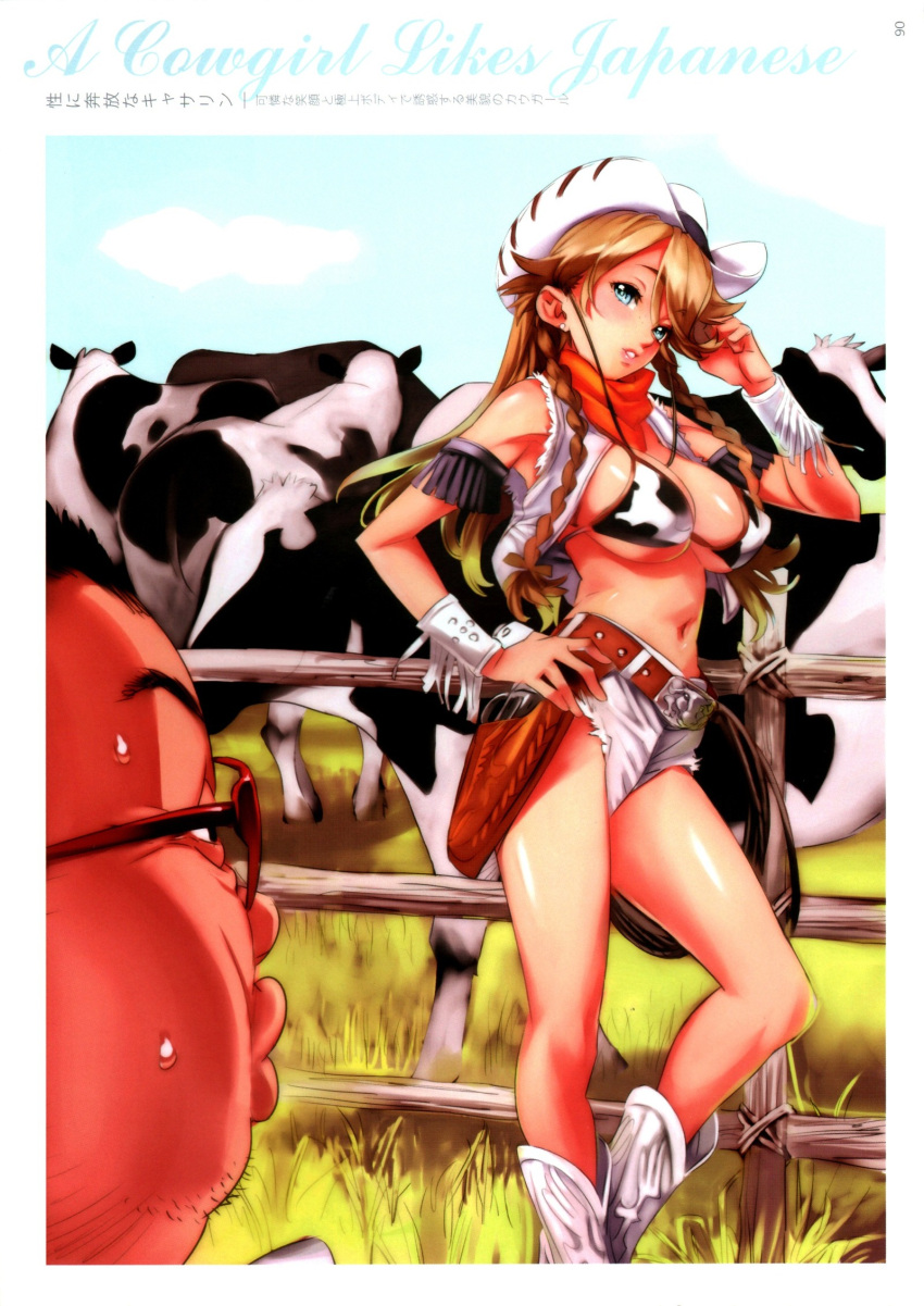 animal_print aqua_eyes belt bikini bikini_top_only blonde_hair boots bovine braid breasts cleavage cow_print cowboy_hat cowboy_western english_text female freckles fringe_trim glasses gun handgun hands hat highres large_breasts legs long_hair nishieda ranch remuria revolver shinrabanshou short_shorts shorts smile solo swimsuit twin_braids weapon white_shorts