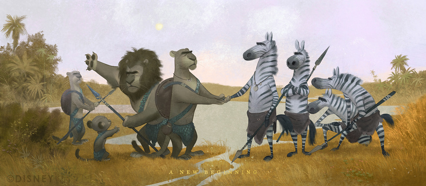 ambiguous_gender anthro bottomwear clothed clothing cory_loftis detailed_background diplomacy disney english_text equid equine felid female fur gesture grass group handshake hi_res jewelry lake lion loincloth male mammal mane melee_weapon necklace official_art outside pantherine partially_clothed plant polearm savanna shield spear striped_body striped_fur stripes text topless tribal water weapon young young_anthro zebra zootopia