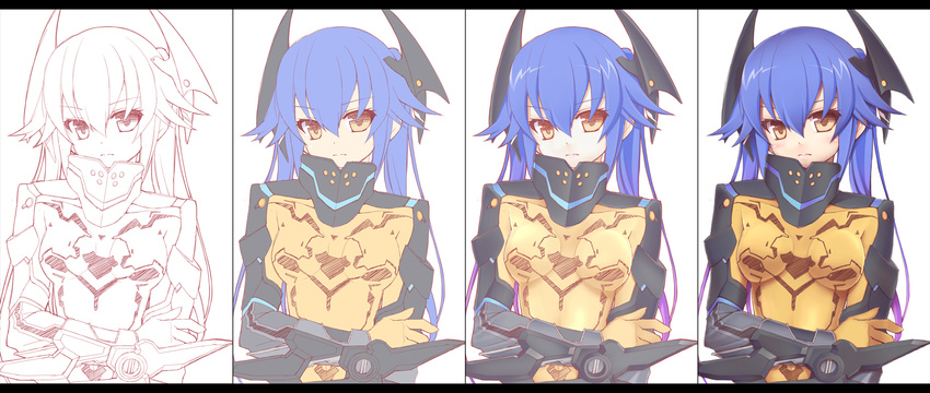 blue_hair bodysuit breasts commentary_request female gradient_hair highres holding_own_arm medium_breasts multicolored_hair orange_bodysuit partially_colored phantasy_star phantasy_star_online_2 quna_(pso2) twintails unfinished yellow_eyes yosugara_shou zelsius