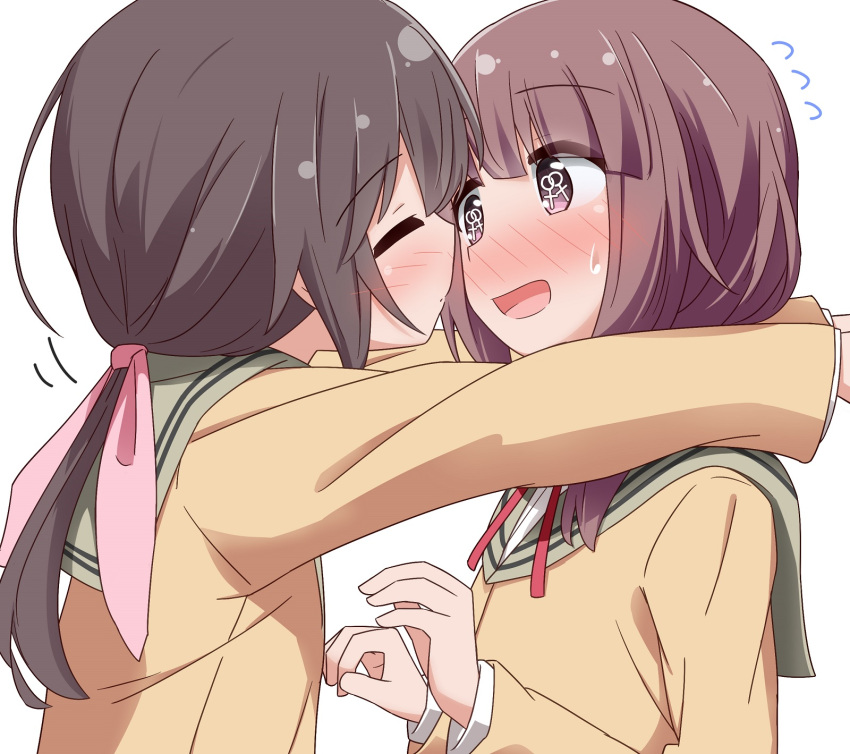 2girls bad_id bad_pixiv_id blush blush_visible_through_hair brown_hair closed_eyes commentary_request eyes_visible_through_hair flying_sweatdrops from_side fuda_yumine green_sailor_collar hair_ribbon hands_up highres honda_tamaki imminent_kiss interlocked_venus_symbols jacket light_brown_hair long_hair long_sleeves looking_at_another low_twintails miruzawa_akechi multiple_girls neck_ribbon open_mouth pink_ribbon red_ribbon ribbon sailor_collar school_uniform simple_background stella_no_mahou sweatdrop symbol-shaped_pupils twintails upper_body venus_symbol white_background yellow_jacket yuri