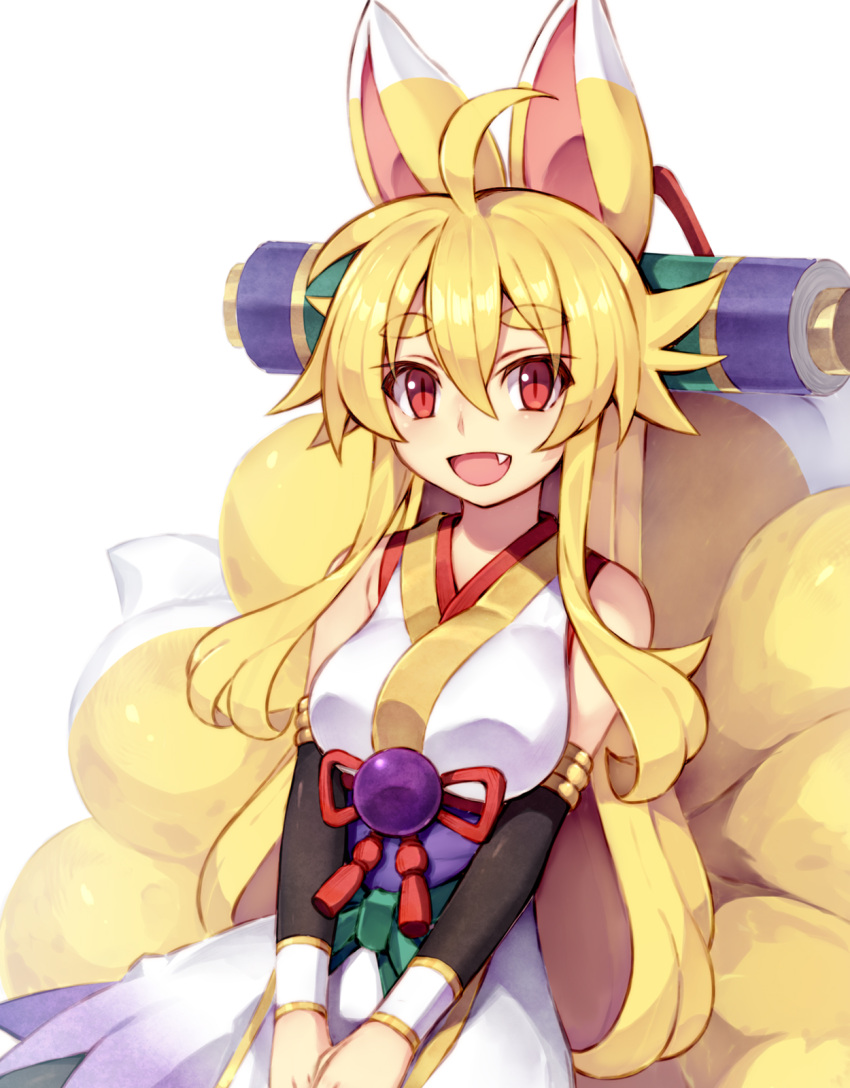 :d ahoge animal_ears blonde_hair breasts commentary dated_commentary female fox_ears fox_girl fox_tail hair_between_eyes highres izuna_(shinrabanshou) japanese_clothes kitsune long_hair looking_at_viewer medium_breasts multiple_tails oerba_yun_fang open_mouth red_eyes saru_000 shinrabanshou simple_background slit_pupils smile solo tail thick_eyebrows white_background