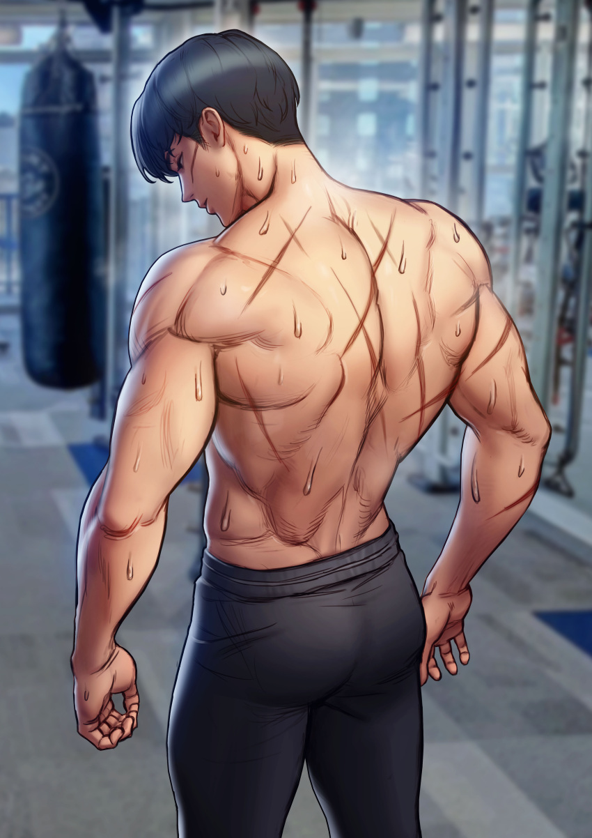 1boy absurdres ass back back_focus bare_back biceps black_hair blurry blurry_background ceo_and_bodyguard from_behind gym highres indoors kang_hansung male_focus muscular muscular_male pants punching_bag roborobocap scar scar_on_arm scar_on_back short_hair solo sweat taut_clothes taut_pants topless_male