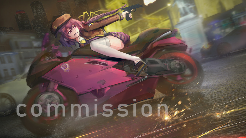 alternate_color alternate_costume bad_id bad_twitter_id beret braid breasts city collar commentary commission cropped_jacket eltnum_(under_night_in-birth) english_commentary female firing gun hair_between_eyes hair_ribbon hat holding holding_gun holding_weapon jacket long_hair melty_blood miniskirt mobius_(mobiusu14) motor_vehicle motorcycle necktie night purple_hair red_eyes ribbon riding shirt single_braid sion_eltnam_atlasia sion_tatari skirt solo sweater sweater_vest thighhighs tsukihime under_night_in-birth v-neck vampire very_long_hair vest watermark weapon white_thighhighs zettai_ryouiki