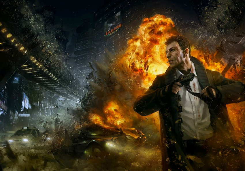 1boy angry belt billboard blade_runner blood brown_hair building car cigar city commentary_request cyberpunk damaged debris destruction detective explosion fingerless_gloves gloves gun handgun harrison_ford injury male_focus manly marek_okon md5_mismatch motor_vehicle necktie night raincoat realistic rick_deckard ruins science_fiction shirt taxi weapon