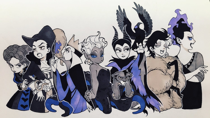 101_dalmatians alice_in_wonderland animal_humanoid arm_grab avian beak bent_over bird black_hair blue_sclera breasts cape captain_hook cecaelia cephalopod cephalopod_humanoid clothed clothing coat corvid corvus_(genus) cravat crown cruella_de_vil disgruntled disney disney's_hercules disney_villains dress ear_piercing feathered_hat feathered_wings feathers felid female feral fire flaming_hair front_view fully_clothed fur_coat gloves grimhilde group hades_(disney) hair half-closed_eyes handwear headgear holding_character holding_object hook hook_hand human humanoid jacket juanmao1997 leaning lion lolicon looking_at_viewer looking_back magic male maleficent mammal marine marine_humanoid mollusk mollusk_humanoid monochrome narrowed_eyes octomaid one_eye_closed oscine pantherine passerine peter_pan piercing pseudo_hair queen_of_hearts_(disney) raised_arm raven riding robe scar scar_(the_lion_king) side_view simple_background sleeping_beauty_(1959) smile snow_white_and_the_seven_dwarfs standing tail tail_feathers tentacle the_lion_king the_little_mermaid_(1989) toga topwear ursula_(disney) wand white_background white_hair wings yelling young young_feral