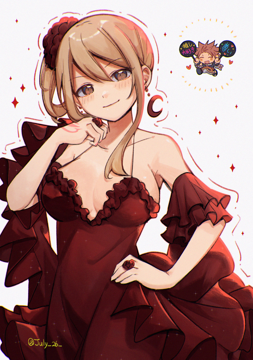 absurdres blonde_hair breasts brown_eyes cleavage detached_sleeves dress earrings fairy_tail female flower frilled_dress frills hair_between_eyes hair_flower hair_ornament hand_on_own_hip head_tilt highres jewelry large_breasts long_hair looking_at_viewer lucy_heartfilia natsu_dragneel ooya_(july_26) red_dress red_flower red_sleeves sideboob sidelocks sleeveless sleeveless_dress smile solo spaghetti_strap standing twitter_username white_background