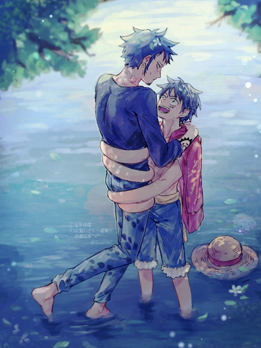 2boys :d arm_tattoo barefoot bite_mark bite_mark_on_neck black_hair black_shirt commentary_request demorzel denim earrings facial_hair goatee hat height_difference highres hug jewelry looking_at_another male_focus monkey_d._luffy multiple_boys one_piece open_mouth pants red_shirt shirt short_hair shorts smile straw_hat stretched_limb sweatdrop tattoo toned toned_male trafalgar_law translation_request tree unworn_hat unworn_headwear water yaoi