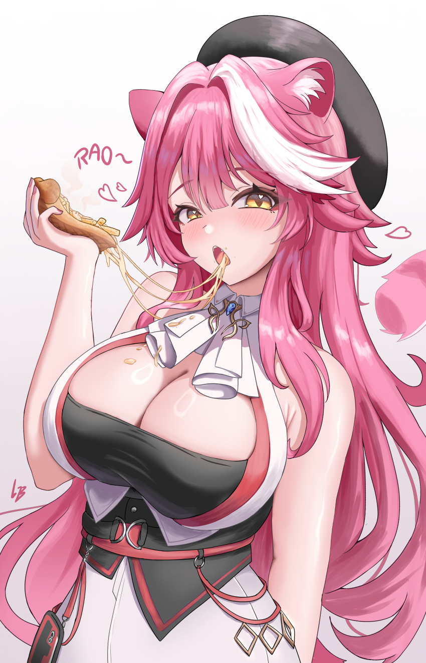 absurdres animal_ear_fluff arm_behind_back armpit_crease ascot beret black_hat black_tube_top blush breasts cheese_trail cleavage commentary english_commentary female fingernails food food_on_body food_on_breasts food_on_clothes french_fries hair_between_eyes hand_up hat heart highres holding holding_food hololive hololive_english large_breasts long_fingernails long_hair loob looking_at_viewer multicolored_hair nail_polish open_mouth panther_ears panther_girl panther_tail pink_hair pink_nails pizza pizza_slice raora_panthera simple_background solo strapless streaked_hair tail_raised tongue tube_top upper_body variant_set very_long_hair vest virtual_youtuber white_ascot white_background white_hair white_vest yellow_eyes