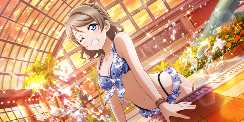 absurdres bikini blue_bikini blue_hair breasts brown_hair cleavage female game_cg highres jewelry love_live! love_live!_school_idol_festival_all_stars love_live!_sunshine!! navel necklace official_art one_eye_closed pool smile swimsuit teeth watanabe_you