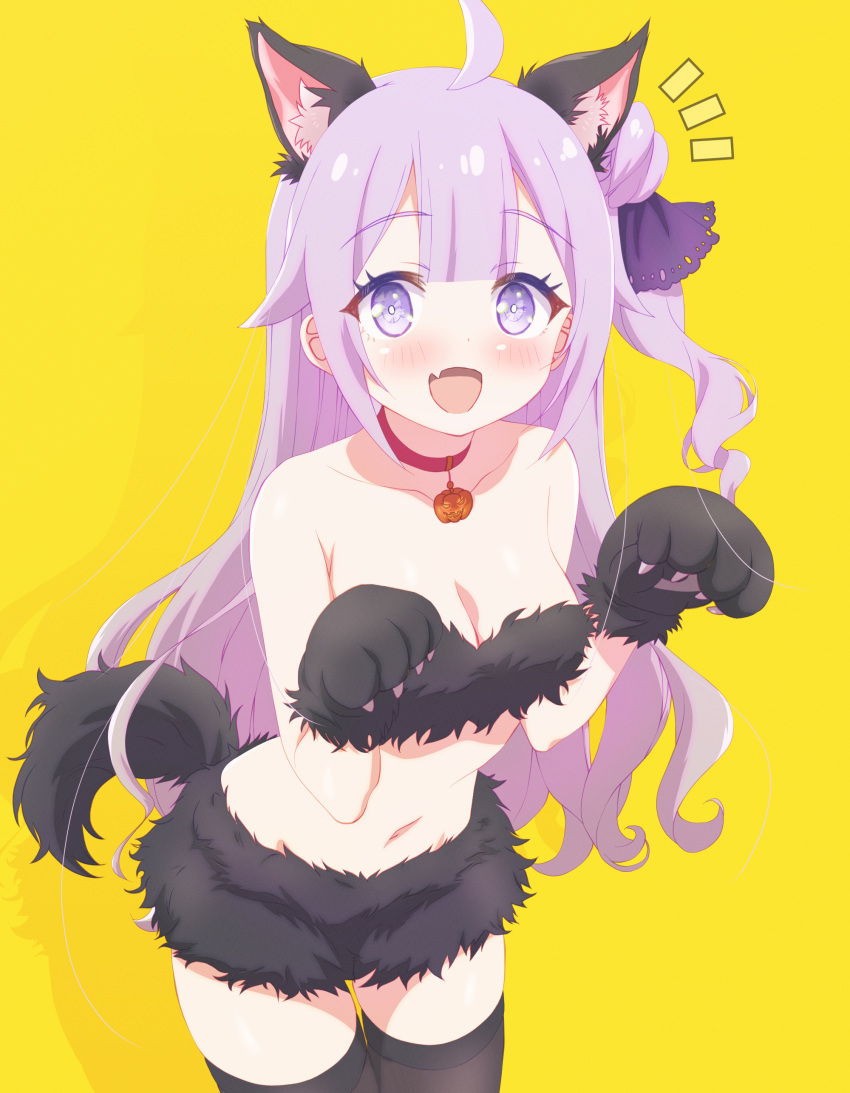 :d absurdres ahoge animal_ear_fluff animal_ears animal_hands arbiter1 azur_lane bare_shoulders black_gloves black_thighhighs blunt_bangs blush bra breasts bright_pupils choker cleavage collarbone commentary cowboy_shot english_commentary eyelashes female fur_bra fur_skirt gloves hair_bun hair_flaps hands_up highres jewelry leaning_forward long_hair looking_at_viewer medium_breasts midriff miniskirt mixed-language_commentary navel notice_lines oerba_yun_fang one_side_up open_mouth paw_gloves paw_pose pendant pendant_choker purple_eyes purple_hair red_choker shadow sidelocks simple_background single_side_bun skin_fang skirt smile solo strapless strapless_bra tail thighhighs underwear unicorn_(azur_lane) very_long_hair white_pupils yellow_background