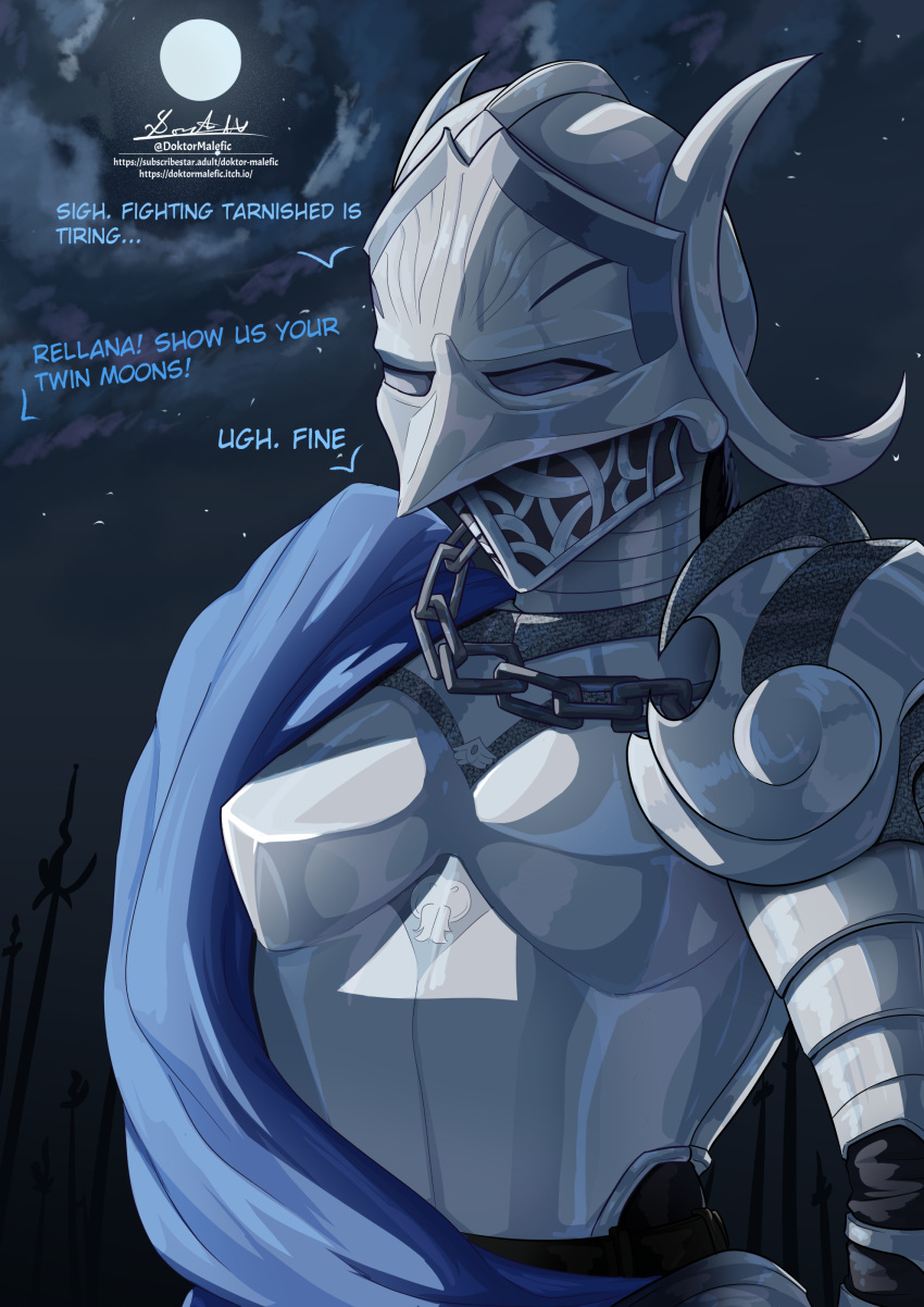 absurdres armor boobplate doktor_malefic elden_ring elden_ring:_shadow_of_the_erdtree english_text female full_armor full_moon helmet highres knight moon night rellana_twin_moon_knight sash solo upper_body