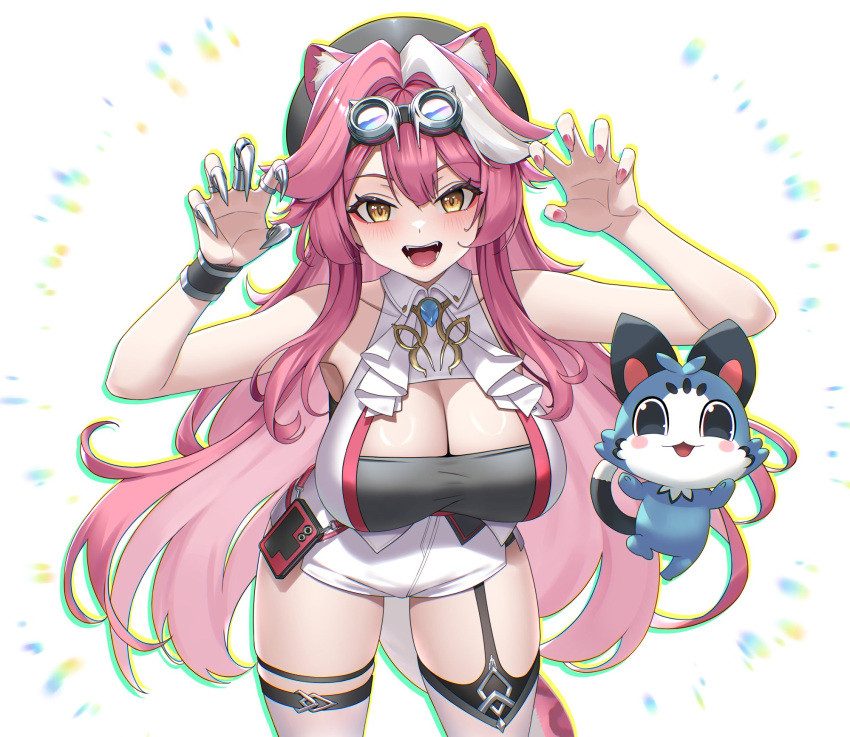 animal_ear_fluff animal_ears black_tube_top breasts cat_ears cat_girl chattino_(raora_panthera) claw_pose cleavage female goggles goggles_on_head grey_hair highres hololive hololive_english large_breasts multicolored_hair nail_polish open_mouth pink_hair pink_nails raora_panthera shorts smile strapless streaked_hair sunkilow thigh_strap thighhighs tube_top vest virtual_youtuber white_background white_shorts white_thighhighs white_vest yellow_eyes