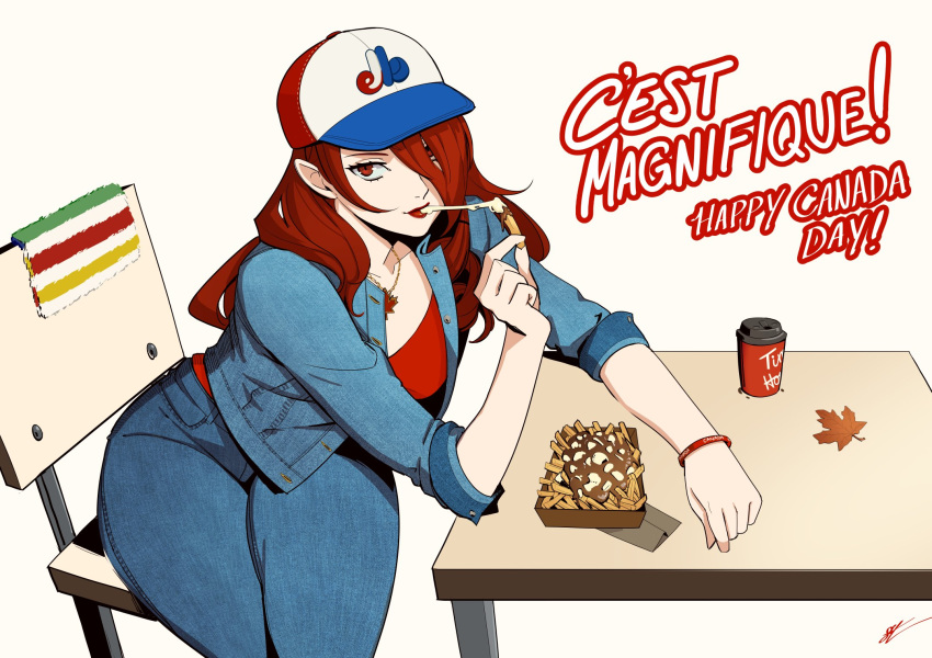 baseball_cap blue_jacket blue_pants canada canada_day cheese commentary cropped_jacket cup denim disposable_coffee_cup disposable_cup eightyfourart english_commentary eyelashes female food french_fries french_text gravy hat highres jacket jeans jewelry kirijou_mitsuru leaf long_hair maple_leaf necklace on_chair open_clothes open_jacket pants persona persona_3 poutine red_eyes red_hair red_lips red_shirt red_wristband shirt simple_background solo table thighs tim_hortons tower white_background