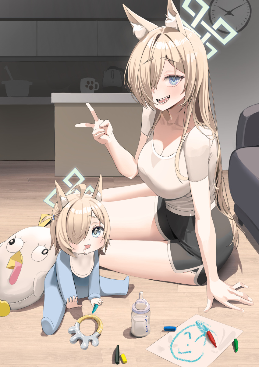 2girls absurdres animal_ear_fluff animal_ears baby black_shorts blonde_hair blue_archive blue_eyes blue_halo blush breasts cleavage collarbone couch crayon cup dog_ears dolphin_shorts doodle_sensei_(blue_archive) dual_persona espresso_1004 extra_ears floor hair_over_one_eye halo highres indoors kanna_(blue_archive) large_breasts long_hair multiple_girls open_mouth peroro_(blue_archive) sensei_(blue_archive) sharp_teeth shirt short_sleeves shorts sitting smile teeth white_shirt